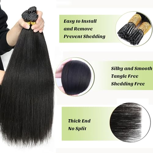 Yaki Straight I Tip Hair Extensions Human Hair Brazilian Remy Hair 22 Inch Invisible Keratin Stick I tip Hair Bundles Pre Bonded Real Hair Extensions Microlink Beads Hair for Black Women 50g/50Strand - Image 3