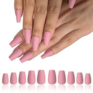 AddFavor 120pcs Press on Nails Short Coffin Full Cover Matte Pink Ballerina Fake Nails Acrylic Glue on Nails Set with Adhesive Tabs Nail File for Women and Girls