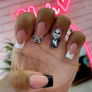 Medium Coffin Press On Nails, 24 Pcs Pink French Spider Web Halloween Design