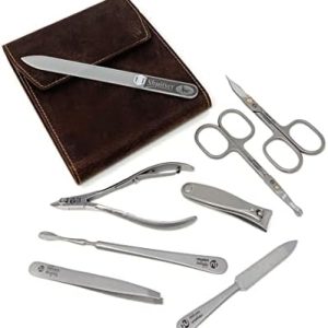 7 pcs XL Premium Class TopInox Surgical Stainless Steel German Manicure Set Grooming Kit in Durable Leather Case Handcrafted in Solingen Germany Plus Shpitser 20cm Nail File