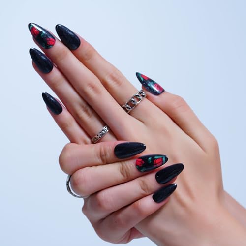 GLAMERMAID Press on Nails Medium Almond,UV Red and Black False Nails with Rose Design,Gel Glue on Nails Reusable Full Cover Manicure Set for Women - Image 2