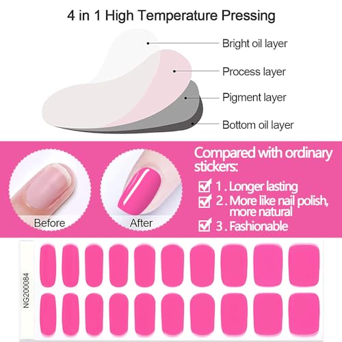 WOKOTO 20 Pcs Hotpink Semi Cured Gel Nail Strips With Nail File & Wooden Stick Nail Polish Strips Gel Nail Stickers Full Nail Wraps For Women Girls Long Lasting Stick On Real Nail Polish Stickers - Image 6