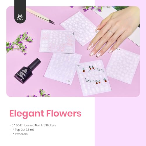 Beetles Gel Nail Polish Kit, 6 Colors Gel Polish Set Purple Glitter Spring Pastel Pink Nail Polish & Beetles 5D Nail Art Stickers Decals Gel Top Coat, Easter Embossed Flower Gel Nail Art Design - Image 7