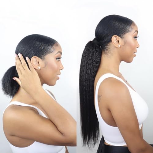 Kinky Straight Drawstring Ponytail Hair Extensions Double Drawn Yaki Drawstring Ponytails for Black Women Natural Color 16 Inch 200g - Image 9