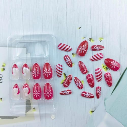 24 Pcs Short Almond Christmas Press-On Nails with Glossy Santa Hat Snowflake Designs - Image 2