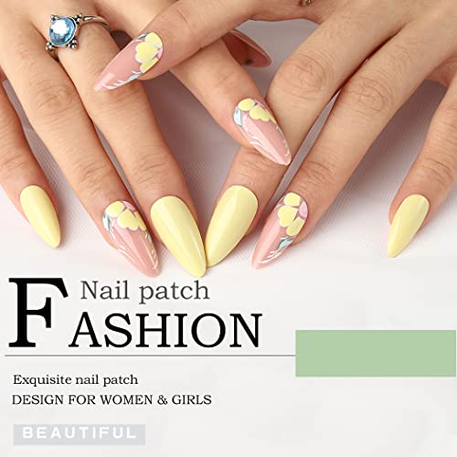 Glossy Almond Press on Nails Yellow Long Fake Nails Designed Cute Flower Ballerina Full Cover Artificial False Nails Tips for Women and Girls 24Pcs (Style A) - Image 3