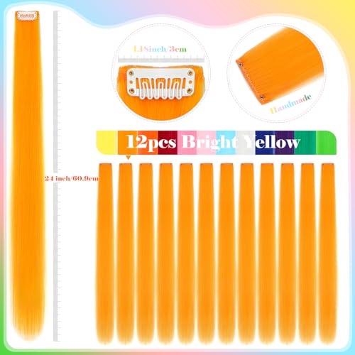 12 PCS Colored Bright Yellow Hair Extensions Clip in Hair Extensions Colorful 24 Inch Straight Synthetic Hairpiece Colored Hair Extensions for Kids Girls Women Party Highlights - Image 2