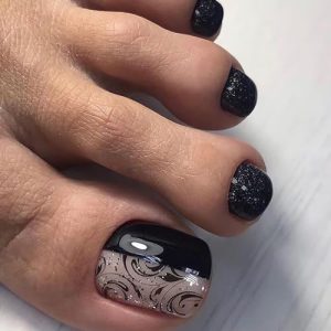 24 Pcs Black Press on Toenails - SHANRUN Toe Press on Nails Fake Nails Gel X Nail Tips Flower Nude Stitching Design Full Cover Acrylic Toe Nail Press ons with Nail File Stick Jelly Glue on Nails Kit