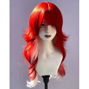 Long Wavy Jellyfish Hair Wig with Highlight Color Gradient Split Dye Wig M-shaped Bangs White Red Purple Blue Grey blonde green Wig - Y2k Gothic&lolita Style Wig (Red mixed white)