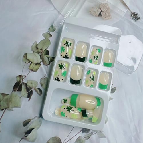 St. Patrick's Day Medium Square French Tip Press-On Nails with Shamrock Design, 24 Piece Set - Image 5