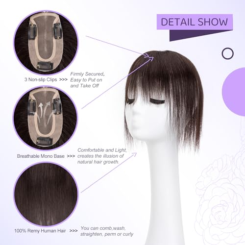 JIAJIA Teresa 8 Inch Human Hair Topper with Bangs for Women,7 * 12CM Mono Base with Bangs Clip in Hair Pieces for Women with Thinning Hair/Hair Loss/Short Hair Add Hair Volume - Image 3