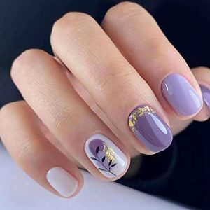 Purple Press on Nails Short Square Fake Nails Glossy Glue on Nails Full Cover False Nails with Gold Foil Designs Cute Leaf Acrylic Nails Summer Short Stick on Nails for Women Manicure Decorations