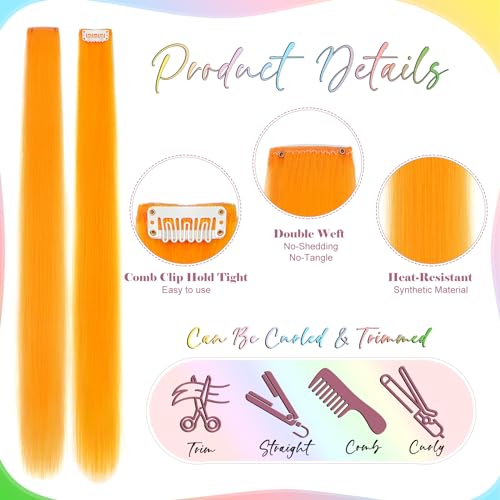 12 PCS Colored Bright Yellow Hair Extensions Clip in Hair Extensions Colorful 24 Inch Straight Synthetic Hairpiece Colored Hair Extensions for Kids Girls Women Party Highlights - Image 3