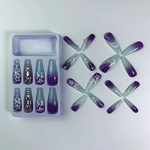 Coffin Press on Nails Long Fake Nails Ombre Purple False Nails with White Flower Printing&Rhinestone luxury Designs French Tip Nails Acrylic Artificial Nails Stick on Nails For Women Girls 24Pcs - Image 5