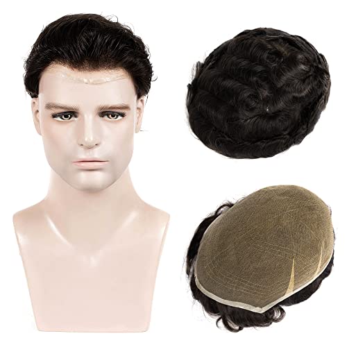 Toupee for Men Human Hair Full Soft French Lace Hair Pieces for Men, 100% European Human Hair Mens Replacement hair System 8X10 inch Lace Base (color #1 Jet Black) - Image 2