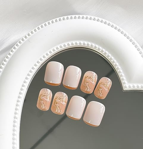 Press on Nails Short Square MABKJLF White Fake Nails Marble Full Cover False Nails with Gold Line Designs Glossy Glue on Nails Stick on Nails Artificial Acrylic Nails for Women Girls 24 Pcs - Image 3