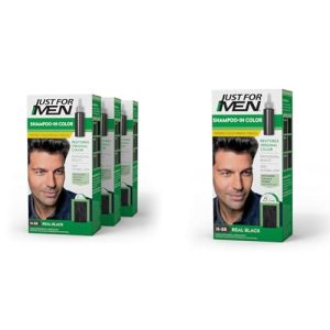 Just For Men Mustache & Beard, Beard Dye with Brush Included- Real Black, H-55, Pack of 3 & Shampoo-In Color (Formerly Original Formula), Real Black, H-55, Pack of 1