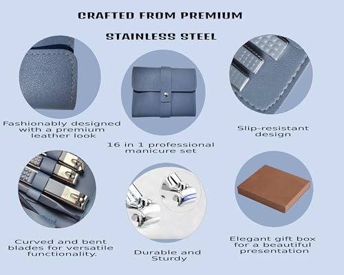 Professional 16 pcs Manicure Set Tools, Nail Clipper Set,Manicure Kit with Case, Nail Care Kit Grooming Set (Dark Blue) - Image 4