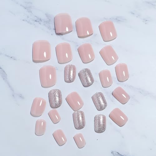 Glitter Press on Nails Short Square Fake Nails Glossy Nude Pink Glue on Nails Sliver Glitter Coffin False Nails Light Pink Artificial Nails for Women Girls Acrylic Nails Decorations 24Pcs - Image 2
