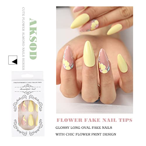 Glossy Almond Press on Nails Yellow Long Fake Nails Designed Cute Flower Ballerina Full Cover Artificial False Nails Tips for Women and Girls 24Pcs (Style A) - Image 5