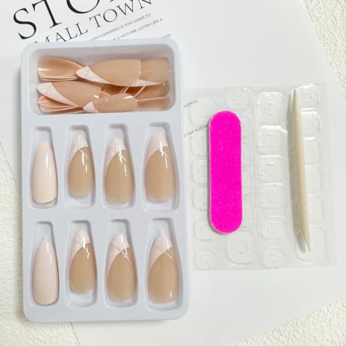 White French Tip Press on Nails Medium Fake Nails Almond False Nails with Designs Glitter Swirl Glue on Nails Press ons Glossy Full Cover Acrylic Artificial Stick on Nails for Women Manicure 24Pcs - Image 6