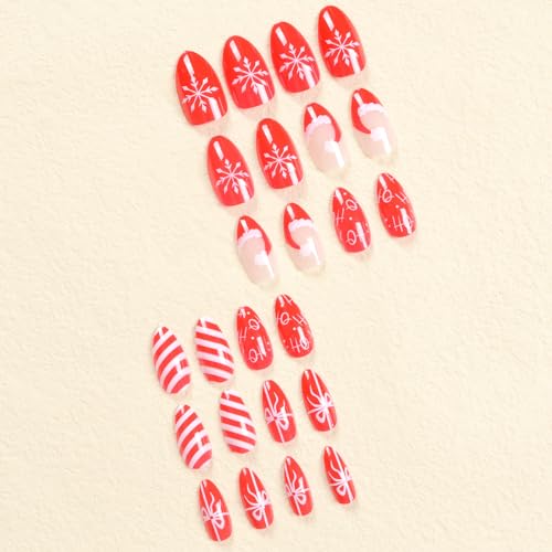 24 Pcs Short Almond Christmas Press-On Nails with Glossy Santa Hat Snowflake Designs - Image 4