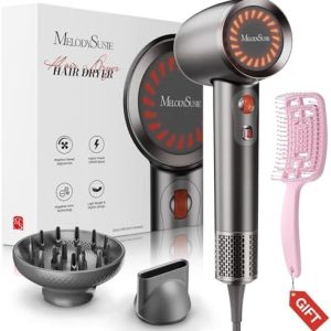 MelodySusie Hair Dryer with Diffuser,1600W Powerful Ionic Blow Dryer with Diffuser,Nozzle and Hair Brush,3 Temps & Stepless Speed,120000 RPM Fast Drying Low Noise Hairdryer,Ideal Gift for Women Curly