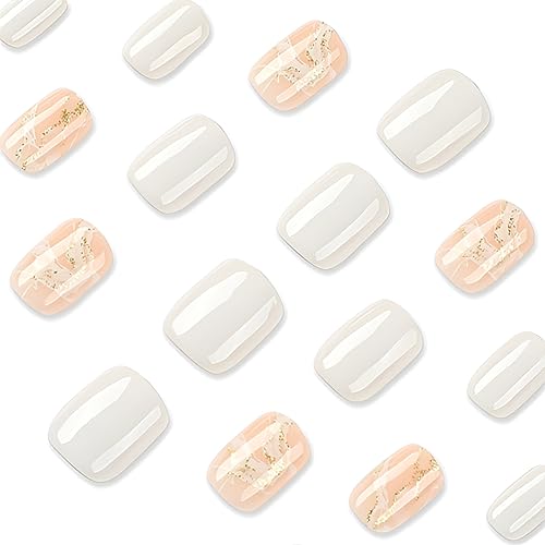 Square Press on Nails Short White Pink Fake Nails with Gold Foil Design Acrylic Nails Full Cover Stick on Nails Glue on Nails for Women 24 Pcs - Image 3