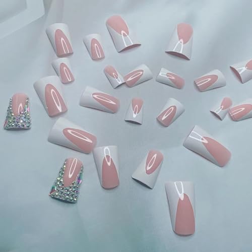 Medium Square French Tip Press on Nails Duckbill Design Rhinestones Reusable - Image 4