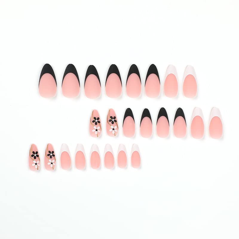 White and Black French Tip Nude Fress on Nails with Flower Design Short Almond Matte Fake Acrylic Nails 24Pcs for Woman and Girls LANOVA FN-SA022 - Image 3