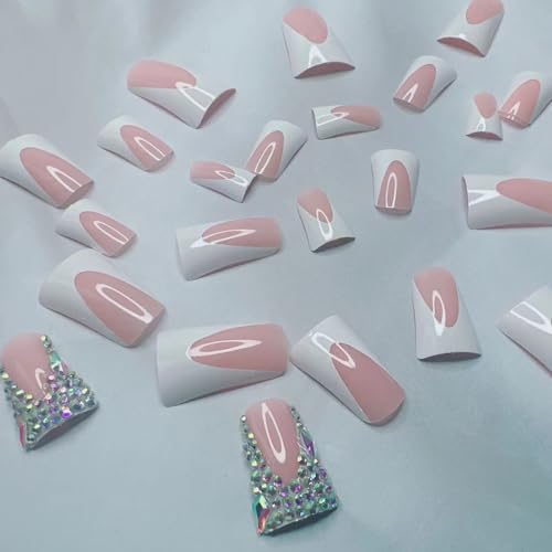 Medium Square French Tip Press on Nails Duckbill Design Rhinestones Reusable - Image 5