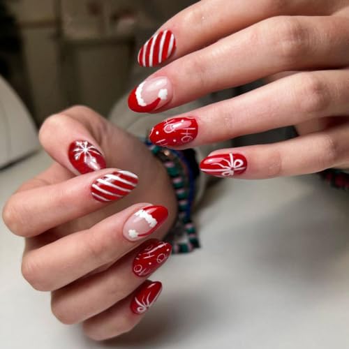 24 Pcs Short Almond Christmas Press-On Nails with Glossy Santa Hat Snowflake Designs