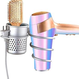 Hair Dryer Holder, Wall Mount Organizer Shelf Rack for Bathroom, Wall Mount with Comb Makeup Brushes Cup,Bathroom Washroom Shower Accessories Storage Organization Aluminum Set
