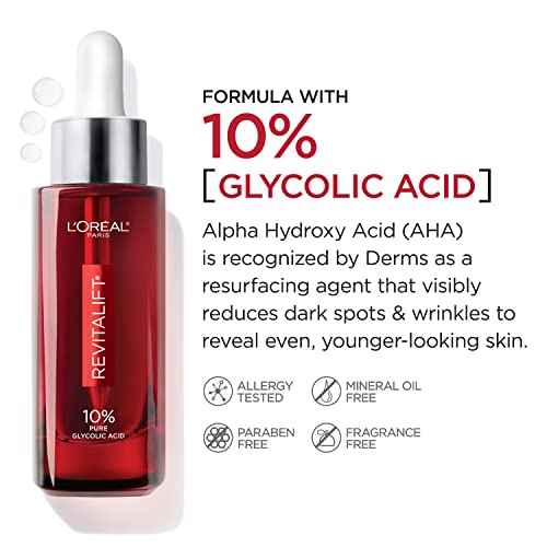 L'Oreal Paris Revitalift 10% Pure Glycolic Acid Face Serum, Visibly Evens Tone & Reduce Wrinkles, Fragrance Free 1.0 fl oz (30ml) - Image 3