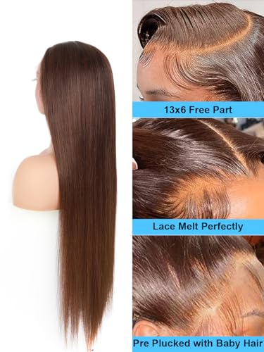 BLY 13x6 Glueless HD Lace Front Wigs Pre Plucked Invisible Bleached Knots, 4 Dark Chocolate Brown Colored Straight Human Hair Wigs for Women 180% Density 18 Inch - Image 3