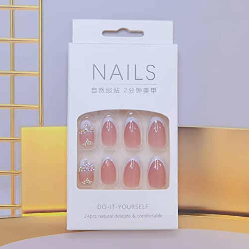Almond Press on Nails Medium Fake Nails Acrylic Press on Nails Cute Fake Nails for Women Girls (white french tip rhinestone) - Image 5