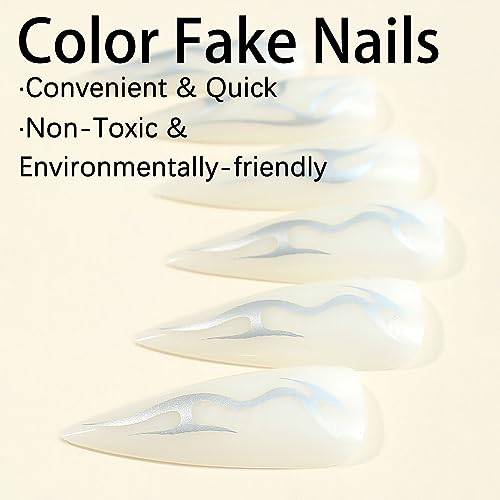 Halloween Press on Nails Long Stiletto SWEKKE Fake Nails White Full Cover Sliver Swirl False Nails with Designs Glossy Glue on Nails Y2K Press on Nails Manicure Artificial Nails for Women Girls 24Pcs - Image 3