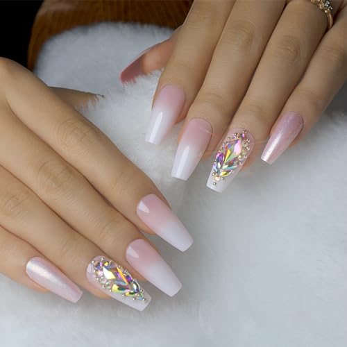 24 Piece Long Pink Coffin Acrylic Nails Set for Stylish Elegant Nail Art