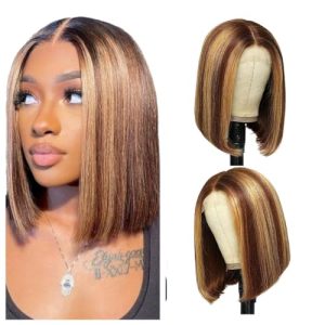Ombre Highlight Bob Wig Human Hair 13x4 Lace Frontal Wig Ombre P4/27 Short Bob Lace Front Wigs Pre Plucked 180% High Density Straight Bob Wig Human Hair Free Part (10Inch, P4/27)