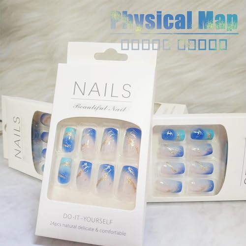 24 Piece Blue Gradient French Tip Press On Nails Sea Marble Glossy Gold Glitter Ombre Curve Acrylic - Image 5