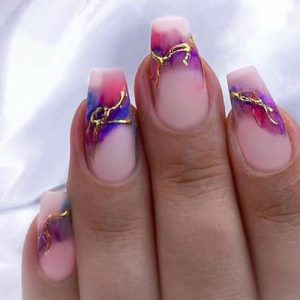 MISUD Press on Nails Long Coffin Fake Nails Matte Glue on Nails Pink Purple Ombre Acrylic Nails Ballerina Artificial Nails Gold Glitter Swirl Stick on False Nails with Design 24 pcs