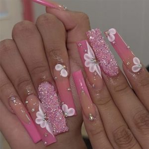 Flower Press on Nails Long Coffin Fake Nails with Designs White and Pink Stick on Nails French Tip Nails Press on Acrylic Nails Glossy Rhinestones Full Cover Artificial False Nails for Women and Girls