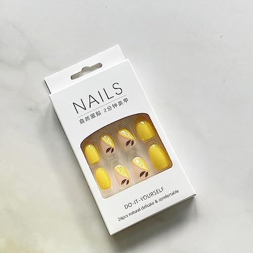 Summer Press on Nails Oval Fake Nails with Lemon Designs Stick on Nails Full Cover Yellow Acrylic Artificial Nails Short Glossy Glue on Nails for Women Girls Holiday Nail Supplies Gift 24pcs - Image 5