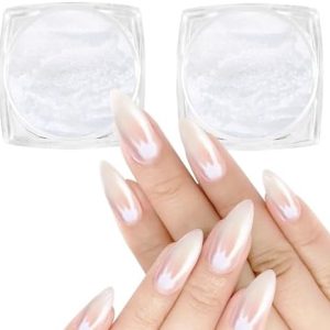 Allstarry White Pearl Chrome Nail Powder, 2pcs Iridescent Aurora Powder Metallic Mirror Effect Glitter Powder Pearlescent Ice Transparent Mermaid Pigment Dust for Gel Polish Nail Art Decoration