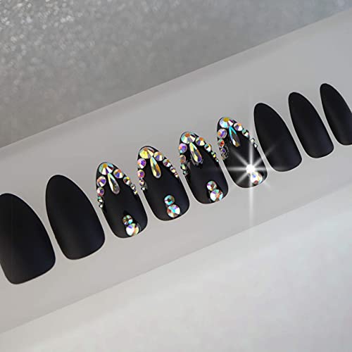 Black Matte 3D Luxe Crystal Design Press On Nails Full Cover Acrylic Nail Kit Glue On Gothic False Nails Extra Long Round Almond Stiletto Nail Art Tips Fashion Fake Nails Set - Image 3