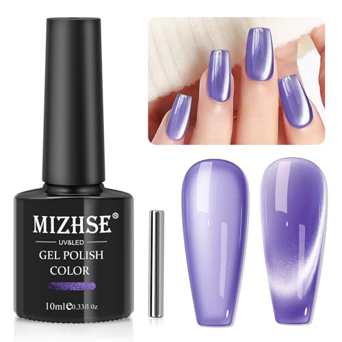 MIZHSE Cat Eye Gel Nail Polish: Purple Magnetic Gel Polish with Magnet Stick, Ceramic Crystal Magic Effect Moonlight Galaxy Shimmer Glitter Holographic Nail Gel Soak Off Nail Art Salon Manicure Home