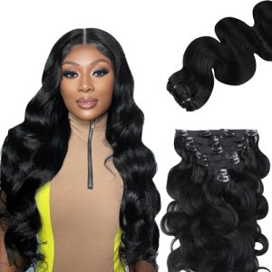 Clip In Hair Extensions Real Human Hair 16 Inch 120g, Body Wave Clip Ins Real Human Hair Black Women Thick Human Hair Clip In Extensions Black Hair Extensions Clip In Natural Black 7pcs