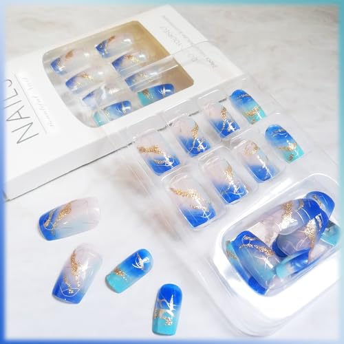 24 Piece Blue Gradient French Tip Press On Nails Sea Marble Glossy Gold Glitter Ombre Curve Acrylic - Image 2
