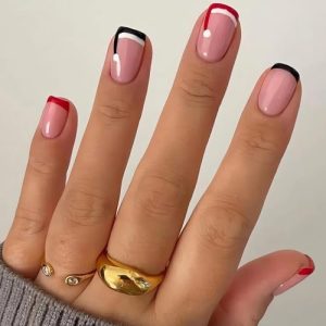 French Tip Christmas Press on Nails Short Square Fake Nails Black Red Santa's Hat Acrylic Glue on Nails Full Cover Short Christmas Stick on Nails Winter Holiday Artificial Nails for Women, 24Pcs