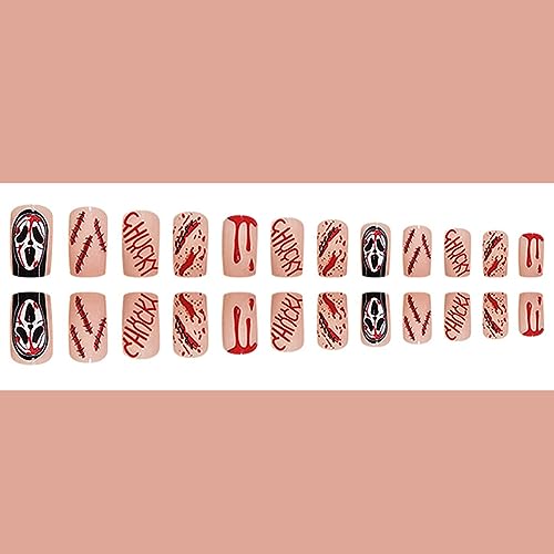 Halloween Press on Nails Square Medium Fake Nails, 24Pcs Black Ghost Bloody Wound Horror False Nails with Design Full Cover Square Shaped Almond Acrylic Glue on Nails for Women Halloween Nail Art - Image 5